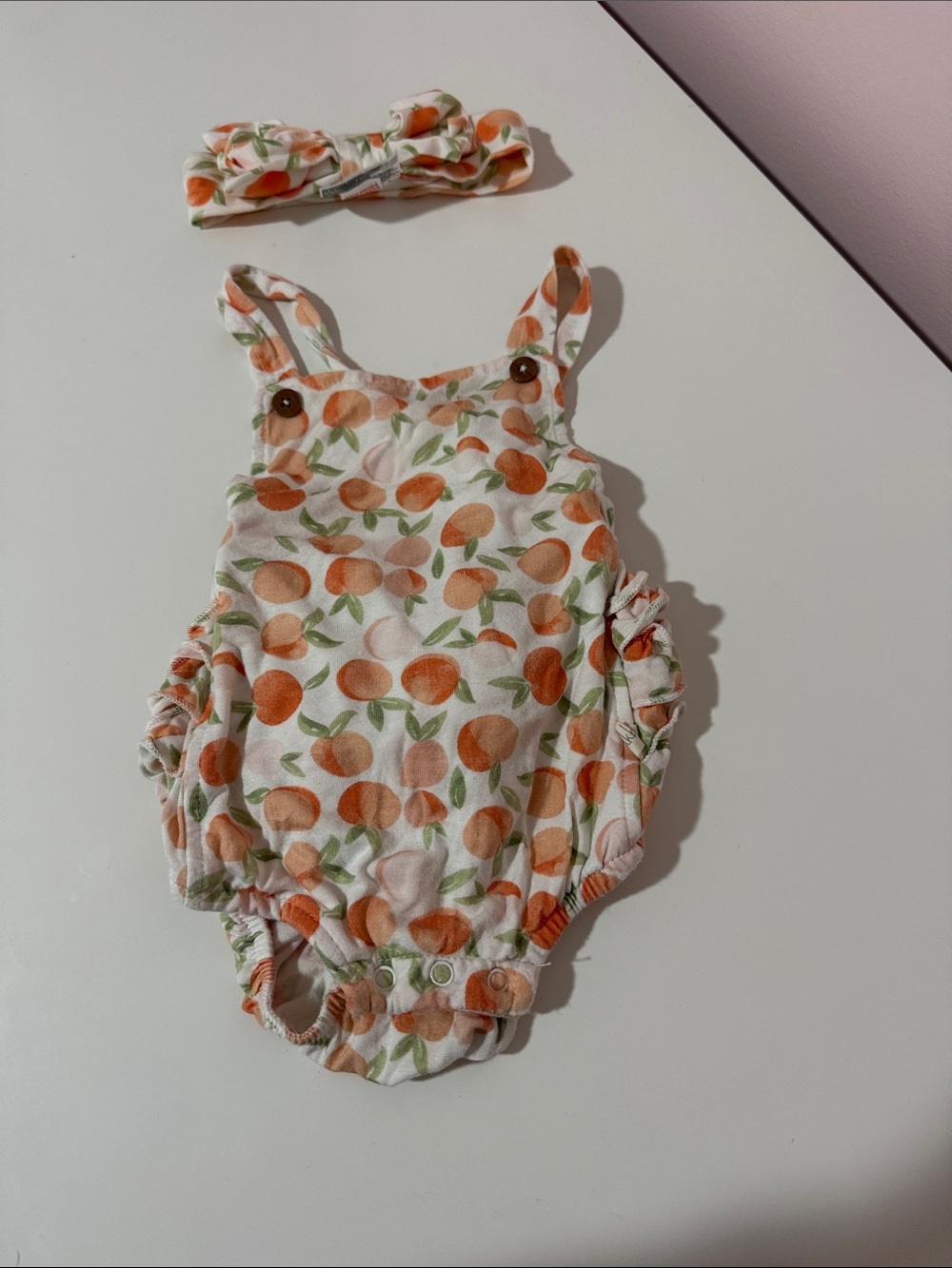 Peach Print Baby One-Piece Romper with Matching Headband